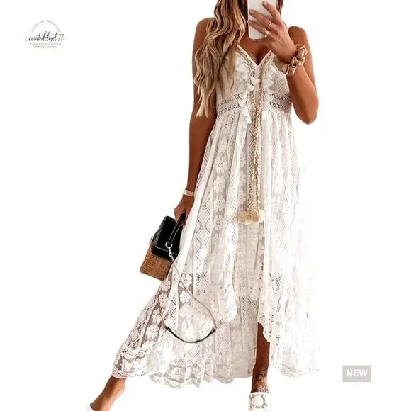 Sleeveless Lace Maxi Dress with Tassel Details, Adjustable Straps, Smocked Back - Picture 1 of 7